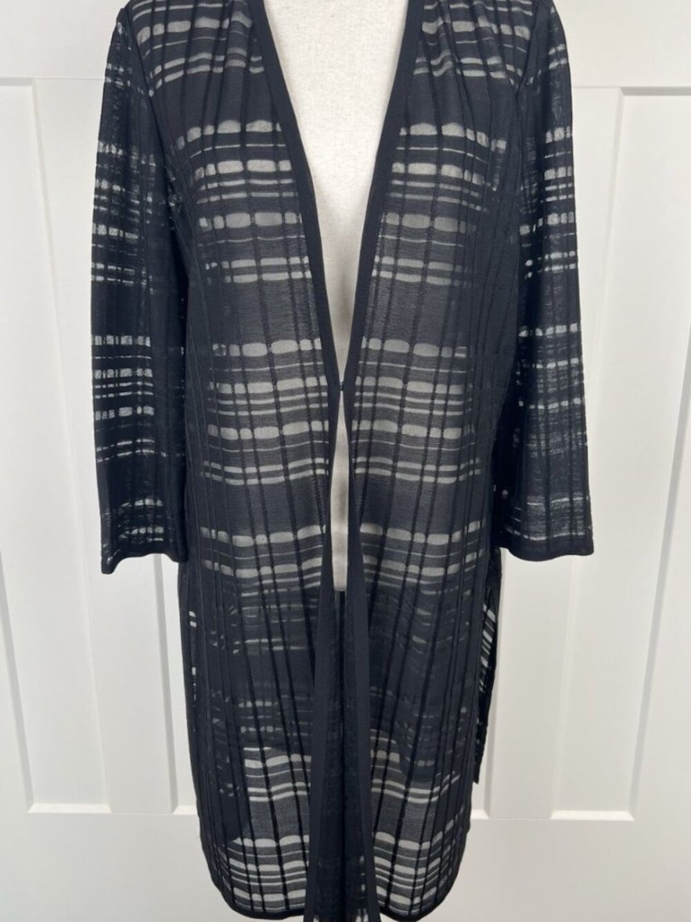 Misook Cardigan Topper Womens L Black Sheer Plaid Longline Open Front Jacket